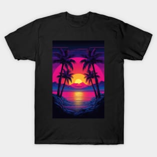 Illustration of an 80s Synthwave retro sunset with palm trees on the beach T-Shirt